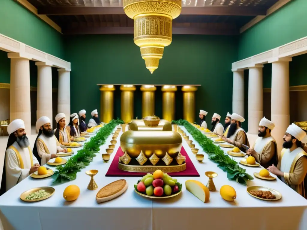 Banquete opulento en Mesopotamia Un majestuoso banquete en Mesopotamia con exquisitos menús antiguos de Mesopotamia, opulencia y abundancia
