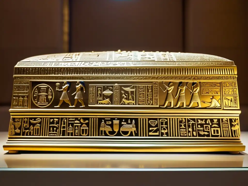 Majestuoso sarcófago dorado con jeroglíficos en el Museo Egipcio de El Cairo, evocando tesoros y artefactos del Medio Oriente