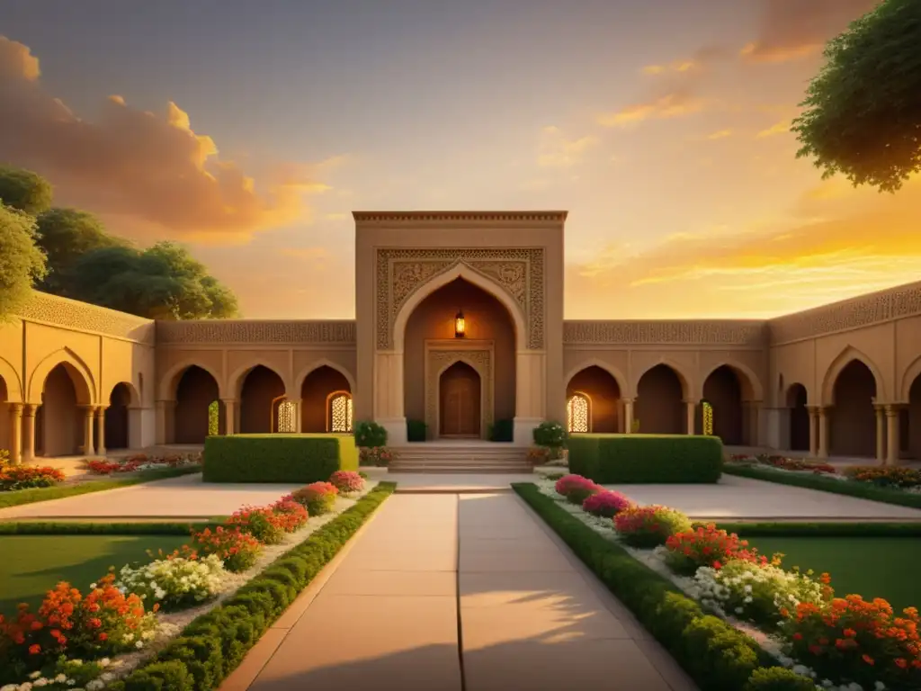 Majestuoso templo del fuego zoroastrista rodeado de exuberantes jardines bajo un cielo dorado al atardecer