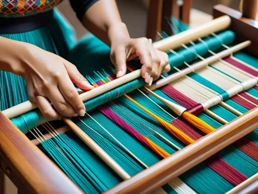 Artesana tejiendo patrones coloridos en telar tradicional Manos de mujer hábil tejiendo con hilos coloridos en telar de madera, reflejando tradición e innovación