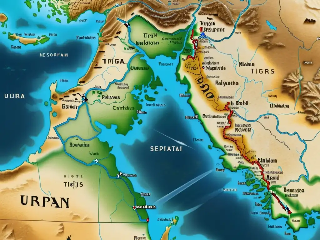 Mapa antiguo sepia de Mesopotamia con ríos Éufrates y Tigris, sitios históricos marcados, para turismo responsable en Mesopotamia