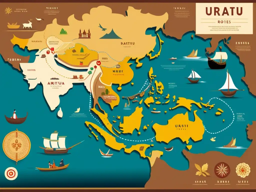 Un mapa detallado de las antiguas rutas comerciales de Urartu, con colores vibrantes y productos intercambiados