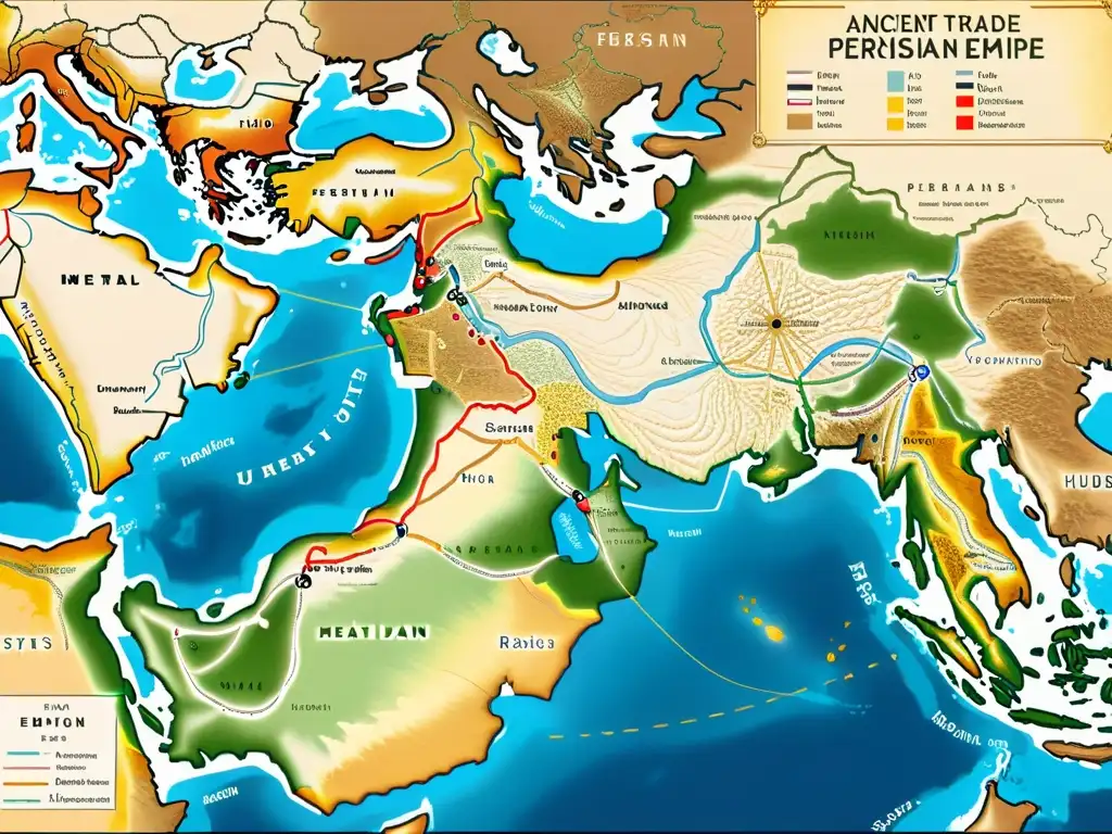 Mapa detallado de rutas comerciales del Imperio Persa en sepia y oro Mapa sepia detallado de rutas comerciales del Imperio Persa, con senderos dorados en desiertos, montañas y ríos