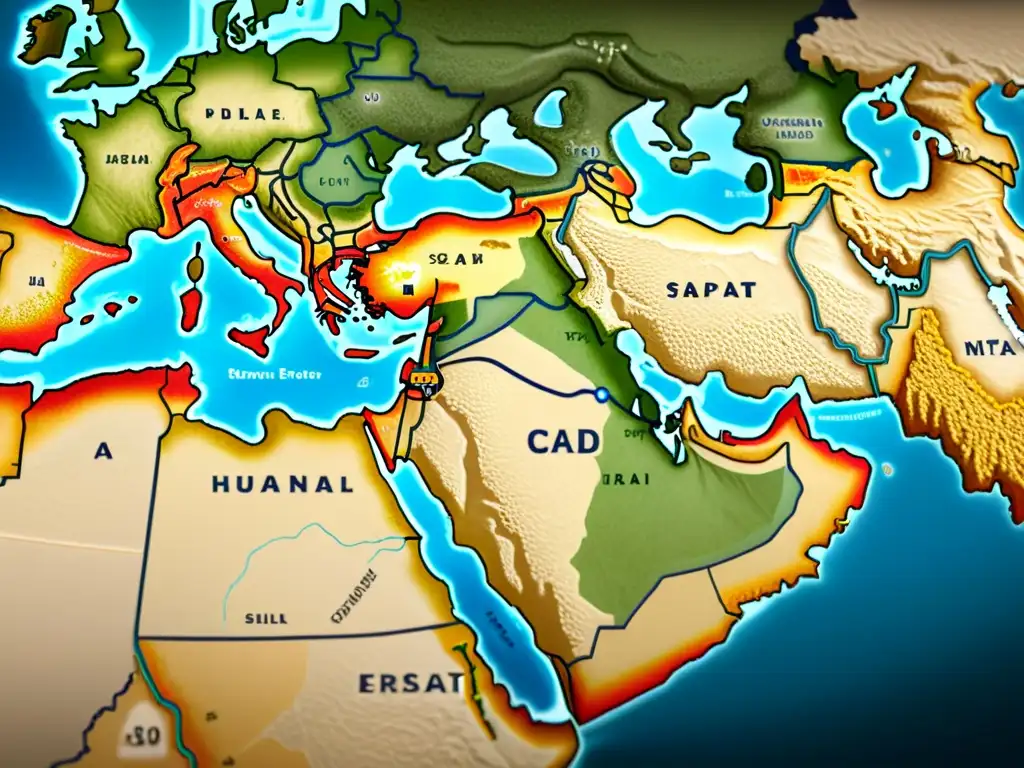 Mapa sepia detallado de rutas comerciales clave Antiguo Medio Oriente: ciudades, centros de comercio y la histórica Ruta de la Seda