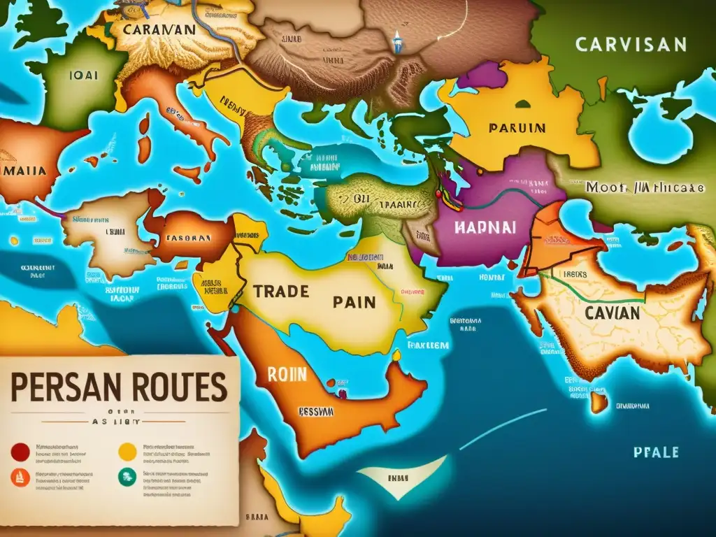 Mapa detallado de rutas comerciales del Imperio Persa Un mapa vibrante e intrincado de las rutas comerciales del Imperio Persa, con ilustraciones coloridas de caravanas y mercados bulliciosos