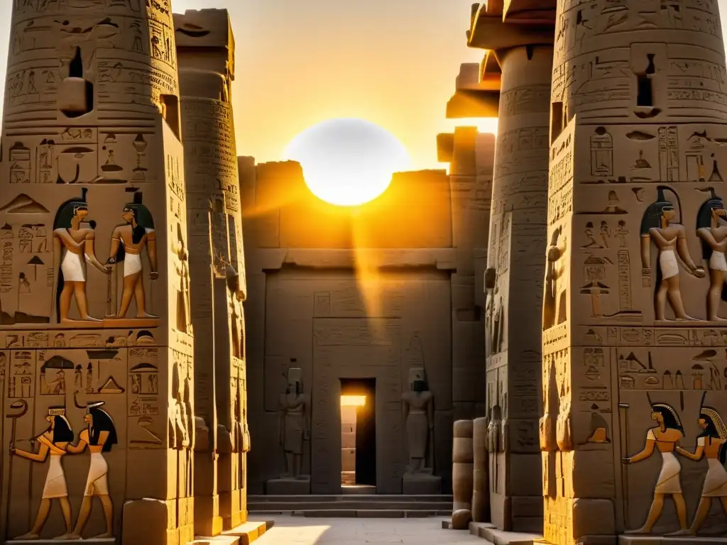 Maravillosos jeroglíficos y arte en el Templo de Karnak en Luxor al atardecer, destacando la influencia egipcia en el Medio Oriente