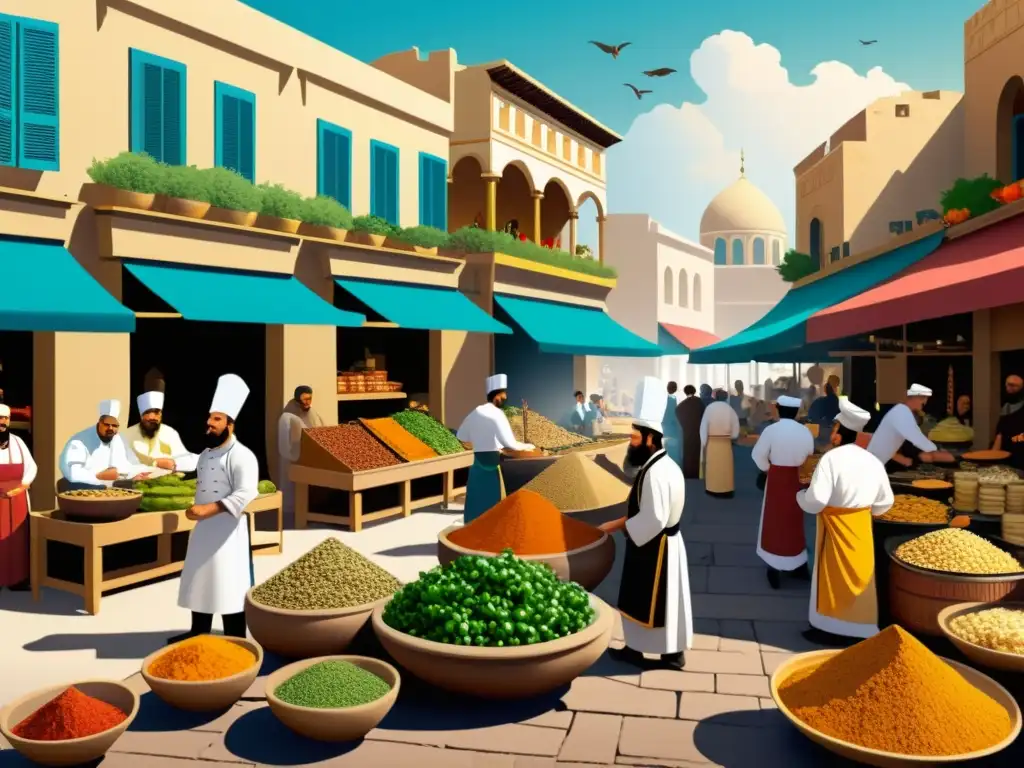 Un mercado antiguo bullicioso en una ciudad greco-persa, con intercambio culinario y fusión de sabores