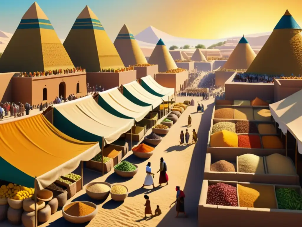 Un mercado sumerio antiguo rebosante de vida y colores, con exóticas especias y granos a la venta