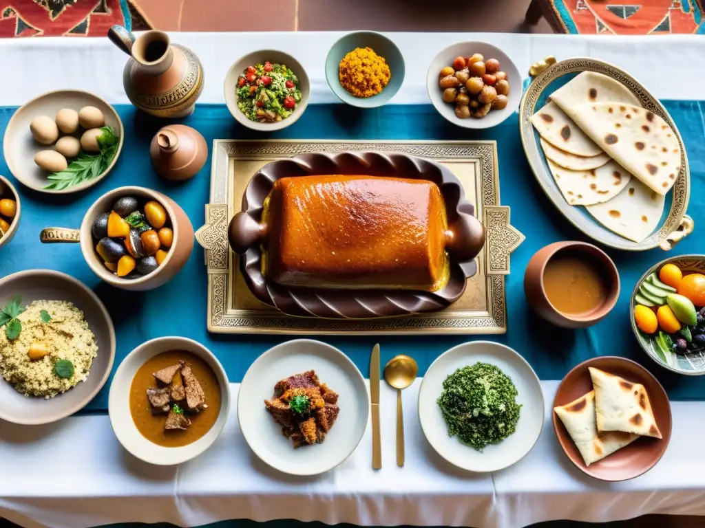 Banquete Urartiano: Tradición y Sabores Antiguos en Palacio Histórico Una mesa ancestral de festín urartiano con exquisitos platos tradicionales, cerámica y antorchas, evocando la gastronomía de Urartu