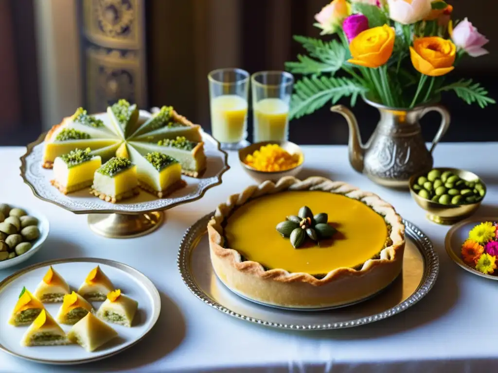 Exquisita mesa de postres persas: baklava, pudín de azafrán y más Una mesa llena de postres tradicionales Persia exquisitamente decorada con baklava, arroz con azafrán, pasteles con aroma a rosas y dulces de pistacho, rodeada de cristalería persa, cubiertos de plata y arreglos florales vibrantes