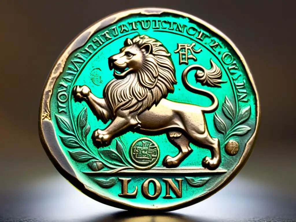 Moneda antigua de Urartu: León y grifo en detalle sepia Moneda antigua de Urartu con grabados de león y grifo, desgastada por el tiempo