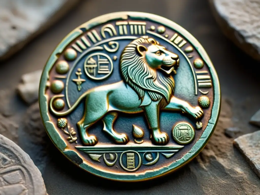 Moneda Urartiana: Detalles del león en sepia Moneda antigua Urartu con león majestuoso y ruinas, para métodos autenticar monedas antiguas Urartu