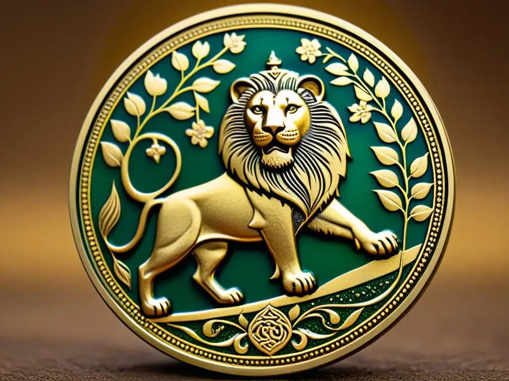 Moneda persa antigua con detallados grabados de un león y patrones florales, simbolizando poder y prosperidad