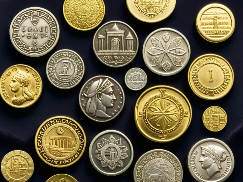 Monedas antiguas de Urartu: historia grabada en sepia Colección de monedas antiguas Urartianas detalladas en sepia sobre terciopelo oscuro, reflejando historia y cultura