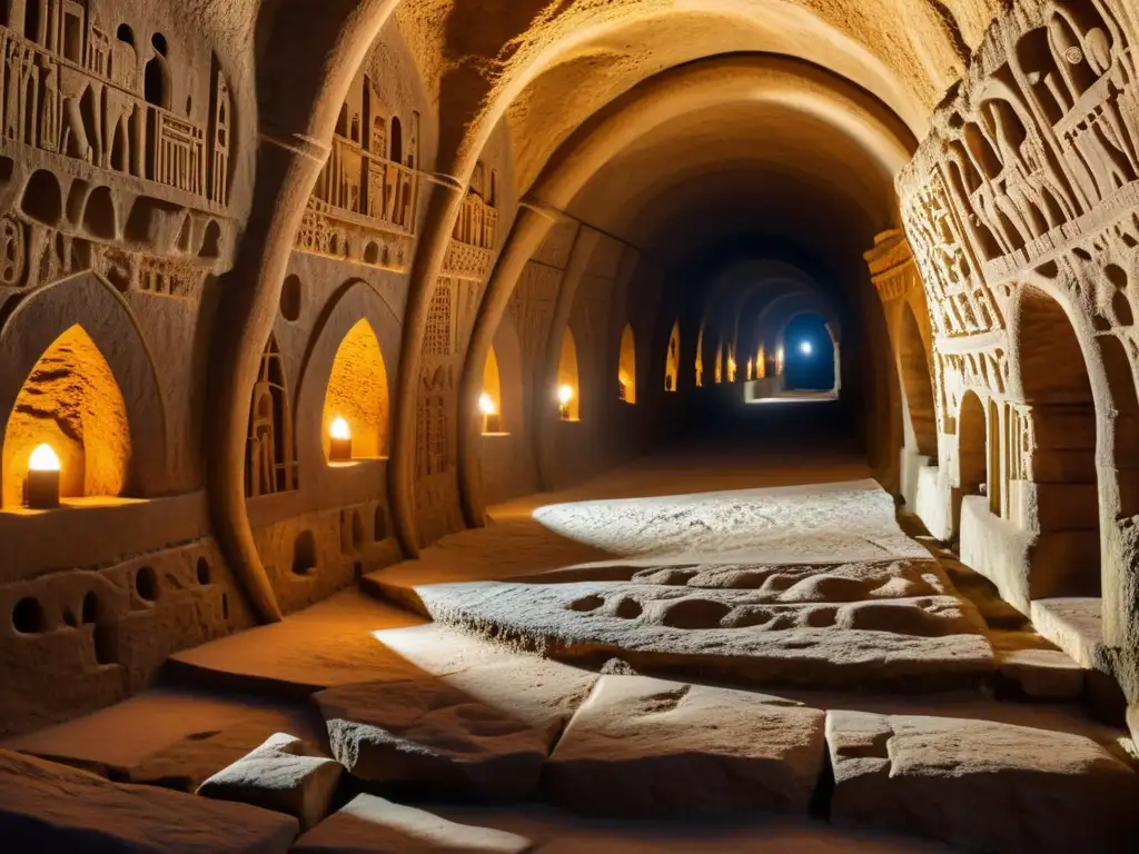 Maravilla subterránea: Ciudad Anatolia iluminada por antorchas Moradas subterráneas de civilizaciones antiguas: Una ciudad subterránea iluminada por antorchas, con intrincados túneles y cámaras, revelando el asombroso legado arquitectónico de la civilización anatolia