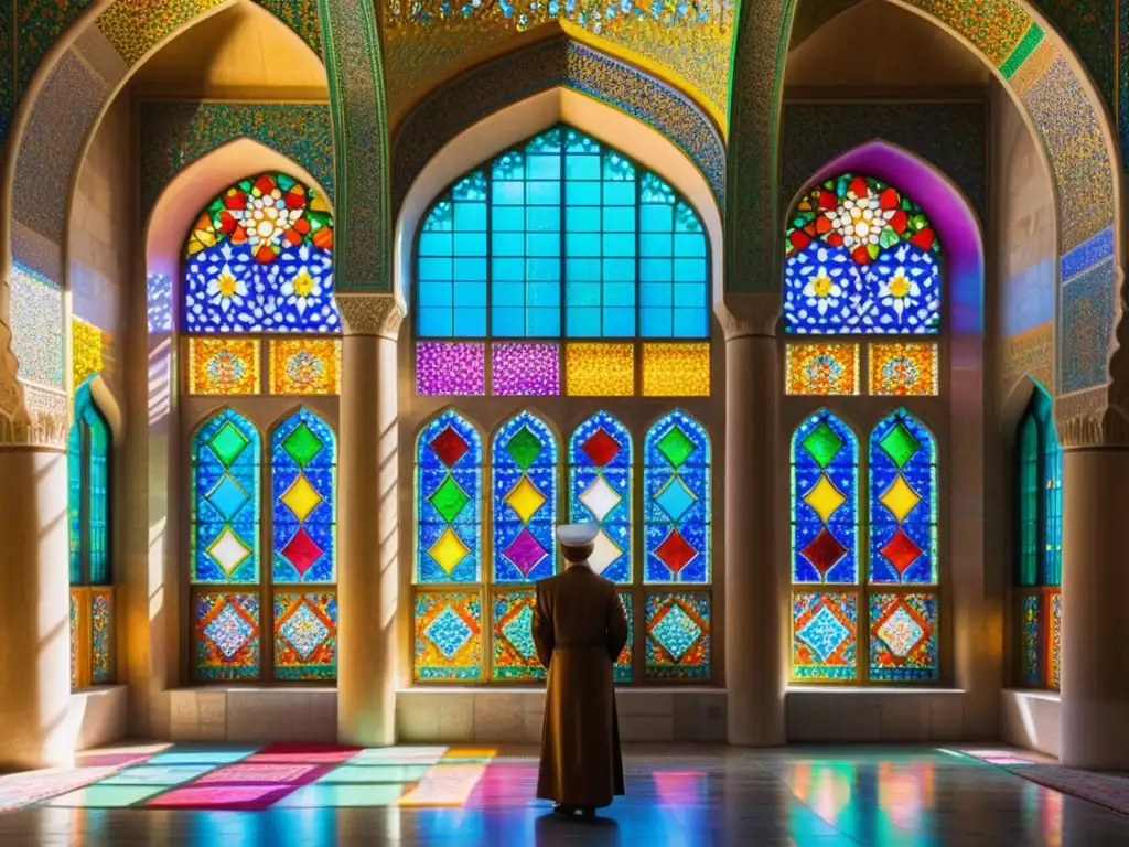 Un mosaico de colores en la Mezquita Nasir al-Mulk en Shiraz, Irán, fusionando tradición y modernidad en Persia con sus vitrales de arco iris