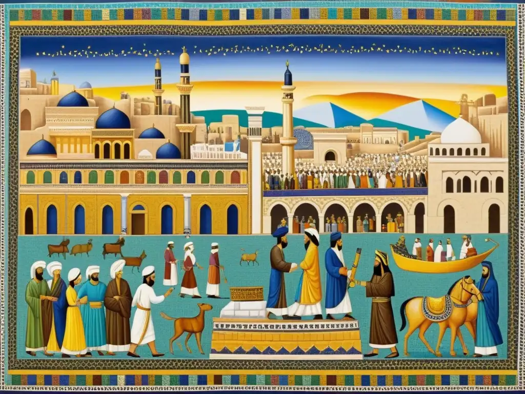 Un mosaico sepia detallado de un bullicioso mercado en el antiguo Oriente Medio, reflejando el sincretismo religioso en la región