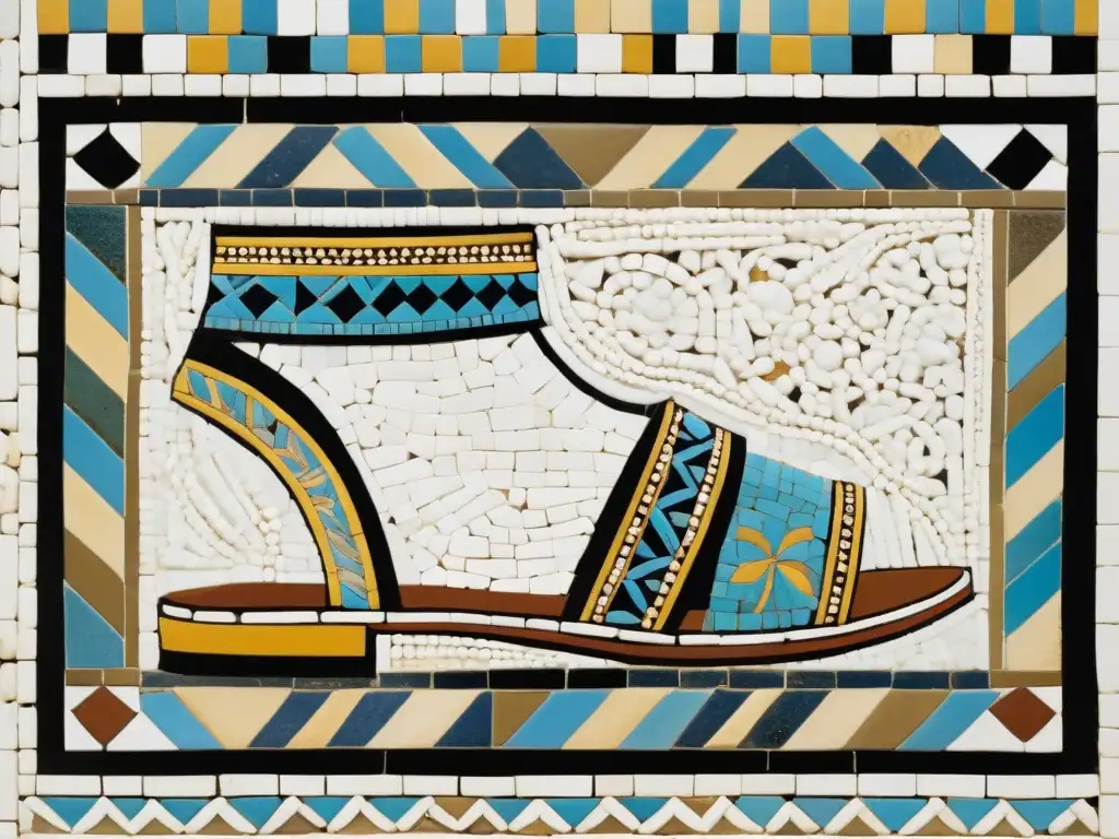 Evolución del calzado en Mesopotamia: Mosaico detallado en sepia Mosaico sepia detallado mostrando la evolución del calzado en Mesopotamia