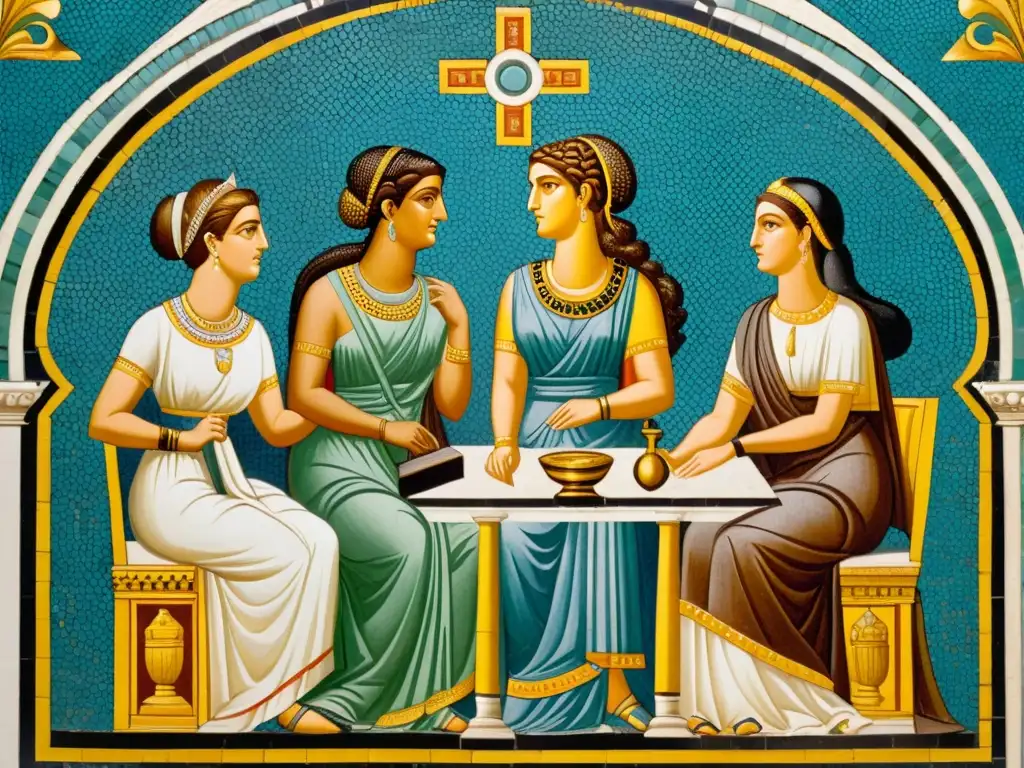 Mosaico sepia: Mujeres nobles en la corte seleúcida Un mosaico sepia intrincado que retrata la participación de mujeres en la corte seléucida, debatiendo en un ambiente sofisticado y cultural