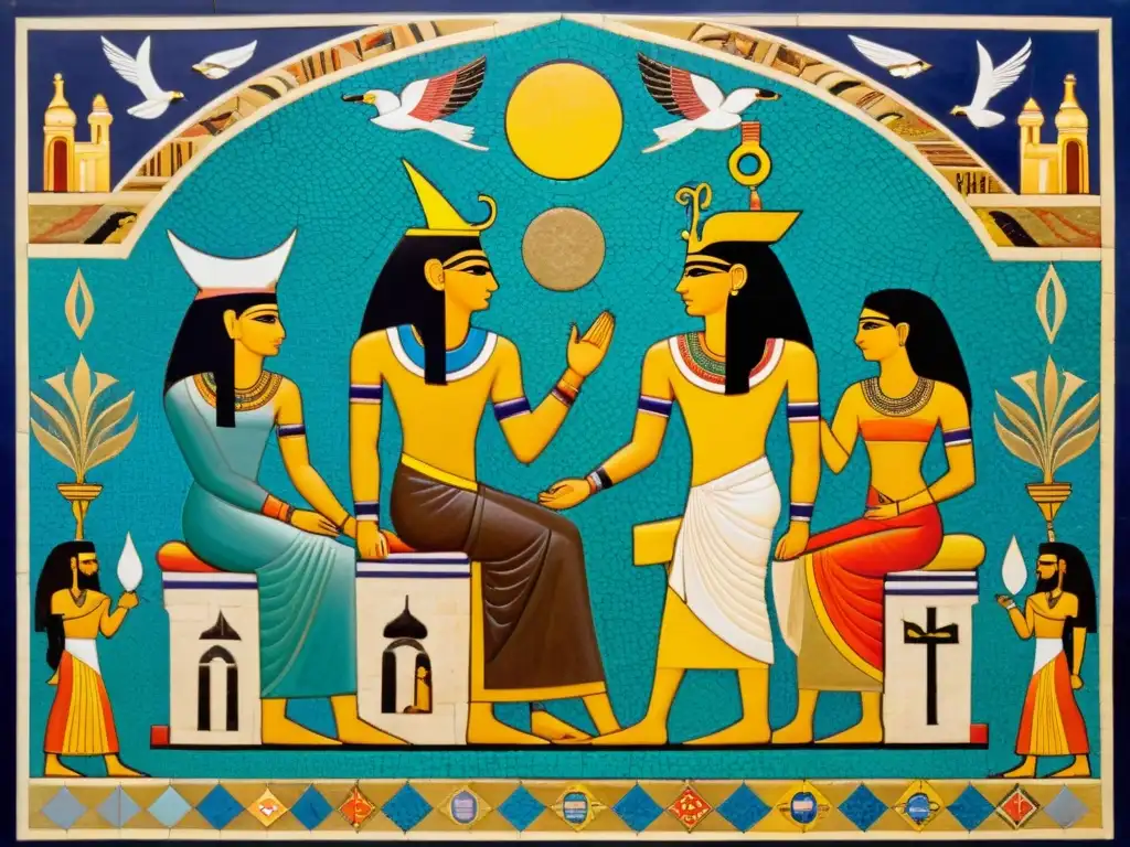 Una representación en mosaico del sincretismo religioso en el Oriente Antiguo, fusionando símbolos de diversas civilizaciones antiguas