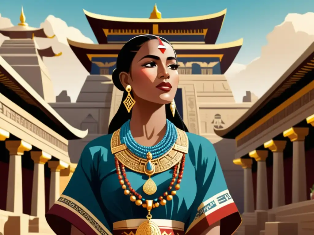 Una mujer hitita en vestimenta tradicional, joyas y un templo con jeroglíficos