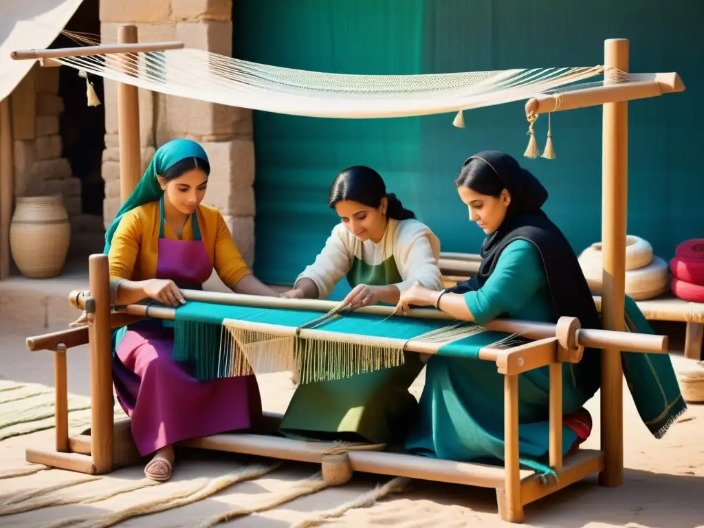 Tejedoras expertas crean textiles vibrantes en mercado oriental Mujeres en mercado tejiendo textiles en telares de madera, destacando la artesanía y el trabajo de la mujer en artesanía en el Medio Oriente
