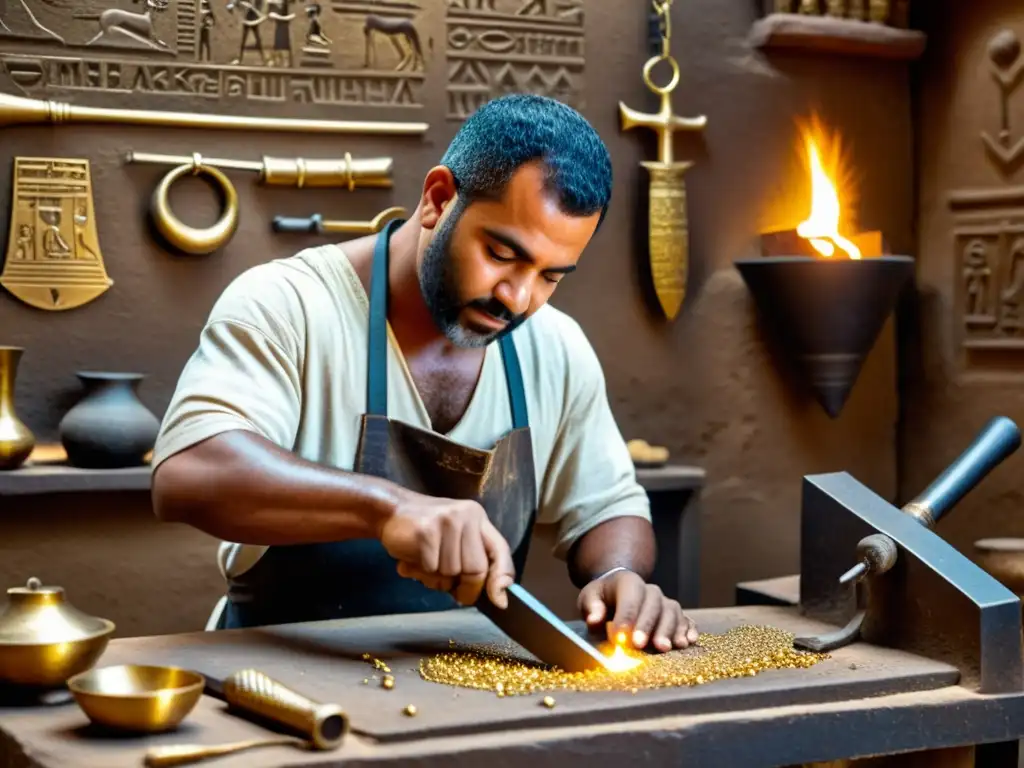 Artesanía egipcia: orfebre elaborando joyas de oro Un orfebre egipcio antiguo martilla un collar de oro en un taller oscuro, rodeado de jeroglíficos y herramientas antiguas