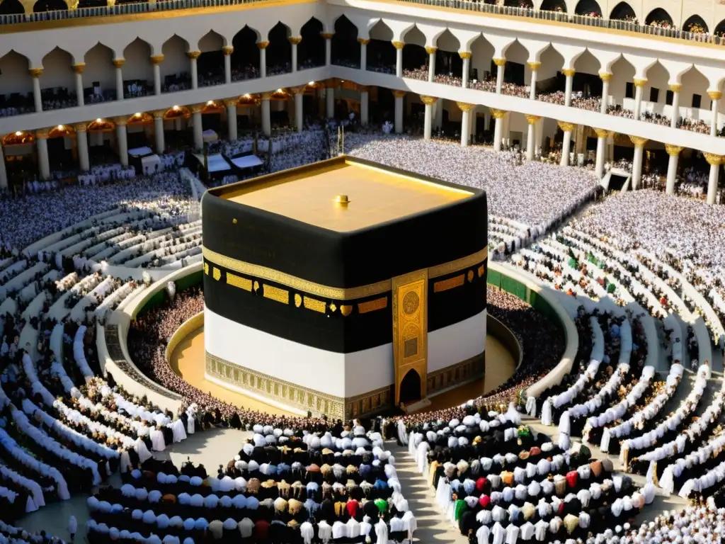 Peregrinos realizando Tawaf alrededor de la Kaaba durante el Hajj, transmitiendo devoción y unidad en los Orígenes de los cinco pilares del Islam