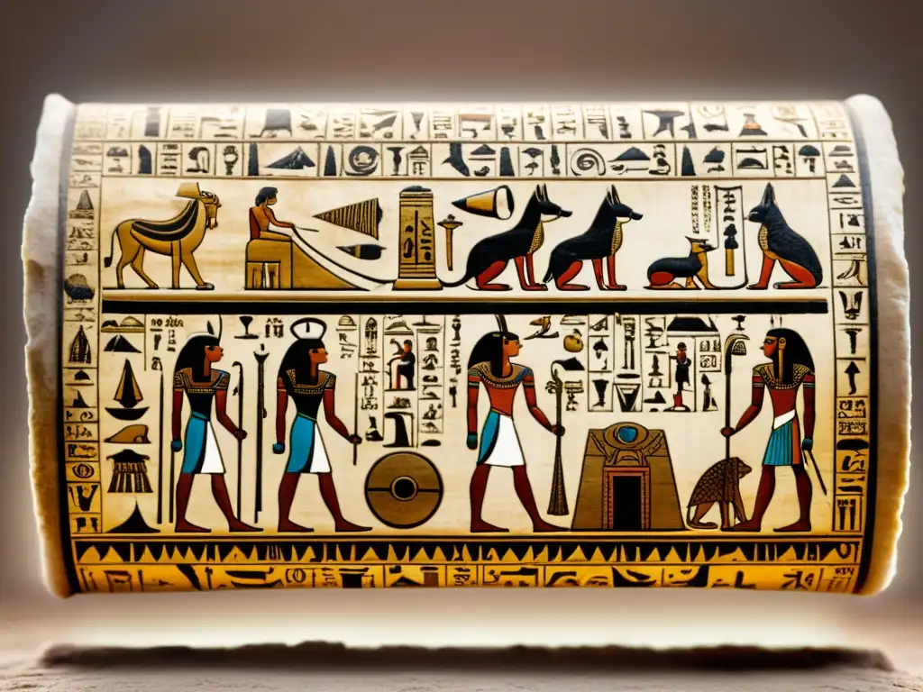 Un pergamino intrincado desplegado en una antigua tabla de piedra, con jeroglíficos elegantes y símbolos místicos de Egipto
