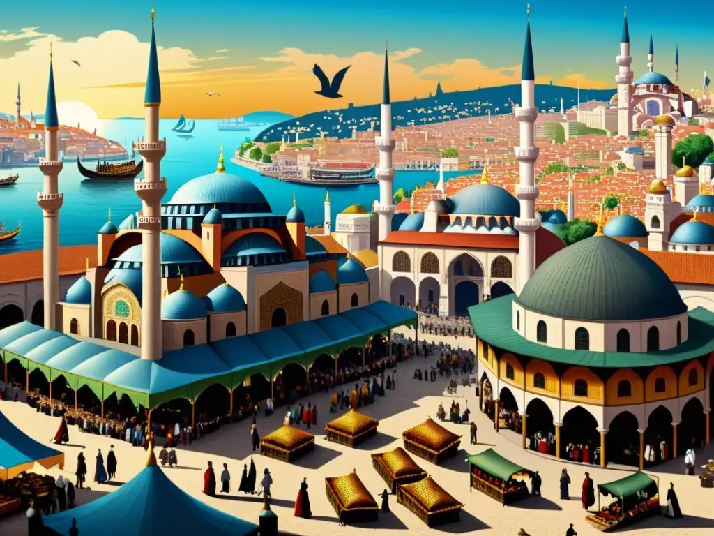 Pintura sepia detallada de un bullicioso mercado en el Estambul del siglo XVI, reflejando las relaciones otomanas con Europa