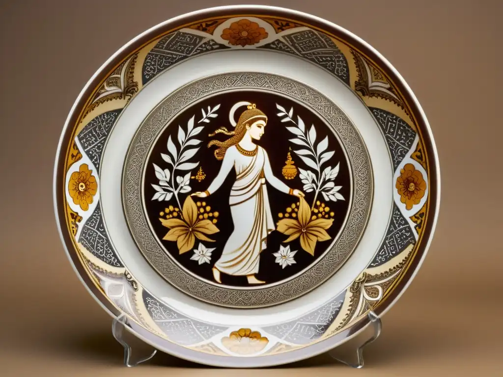 Plato cerámico con influencia griega en la cocina persa, diosa rodeada de patrones florales persas en tonos sepia