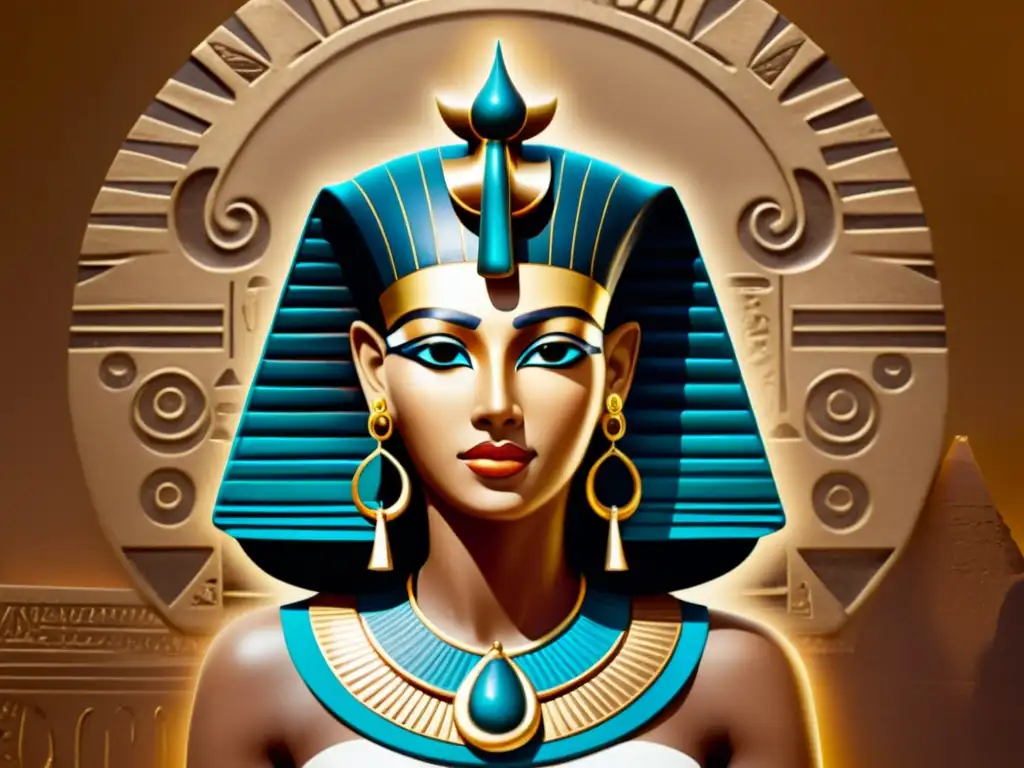 La poderosa deidad Hathor, con cabeza de vaca, joyas exquisitas y símbolos de música y danza, exhibe su aura divina en tonos sepia