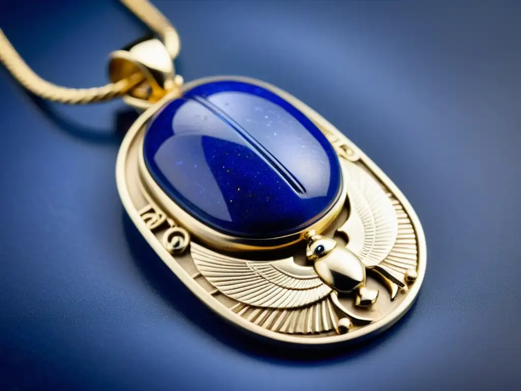Amuleto escarabajo de lapislázuli y oro en la reina egipcia Una reina egipcia luce un amuleto de escarabajo de lapislázuli y oro, rodeado de jeroglíficos y motivos celestiales