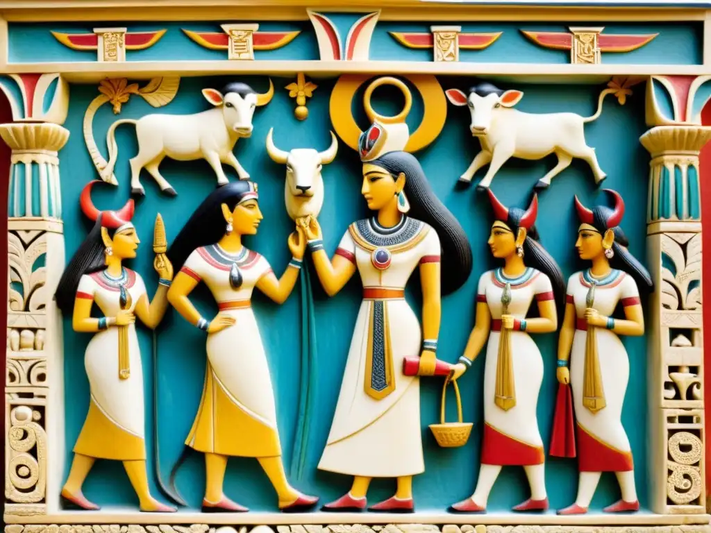 Adoración Minoica: sacerdotisa y toro sagrado en el palacio de Knossos Relieve de marfil de sacerdotisa minoica en Culto al Toro en Creta, rodeada de adoradores en laberinto de Knossos