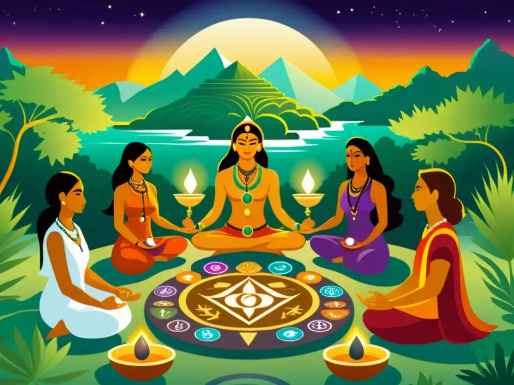 Un ritual ancestral de curanderos fenicios equilibrando energías, rodeados de símbolos de chakras en un paisaje místico