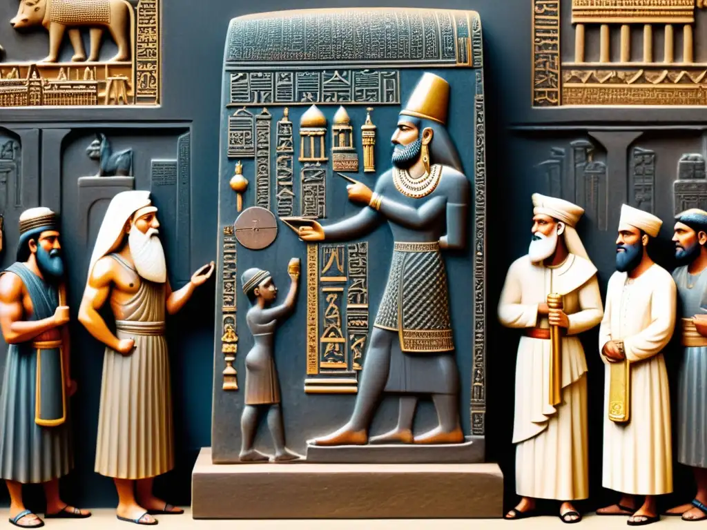 Enigmática ilustración sepia de Hammurabi en Babilonia, rodeado de mercado bullicioso, reflejando justicia y ley en la antigua civilización