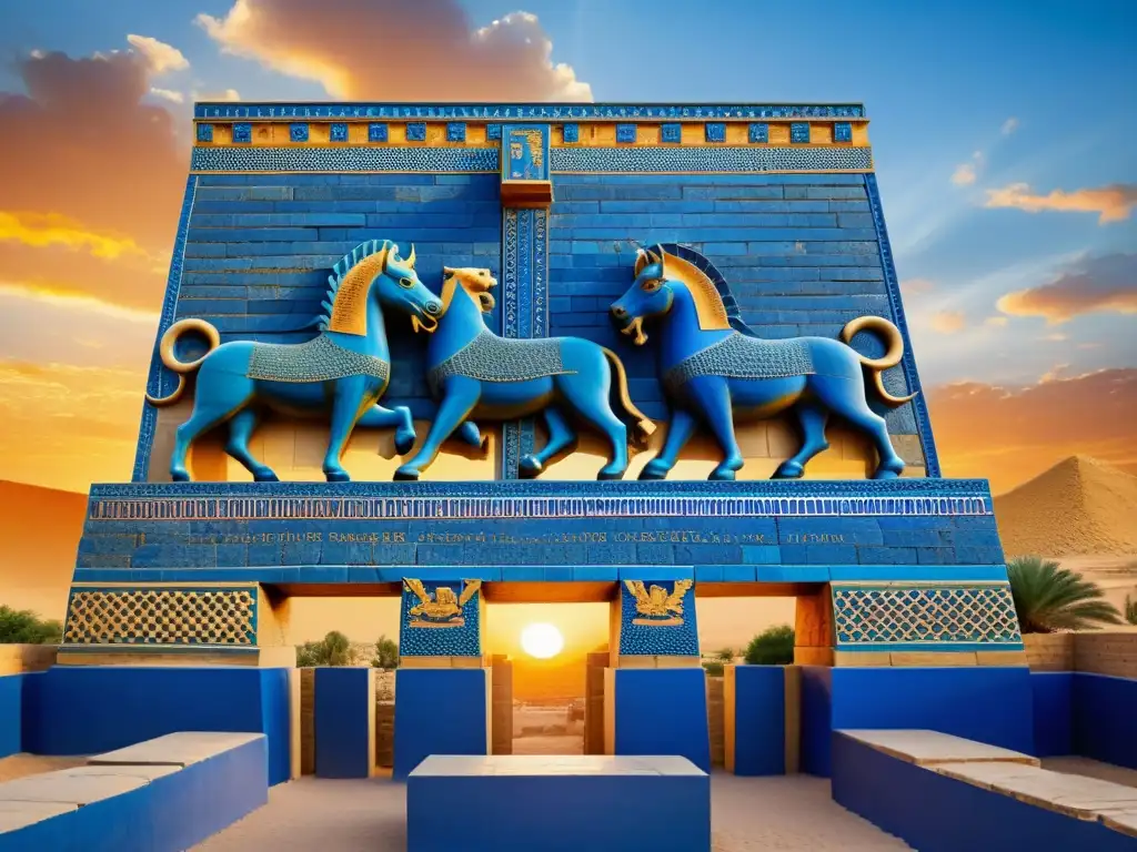 Ruinas antiguas de Babilonia con la Puerta de Ishtar al atardecer, representando turismo responsable en Mesopotamia