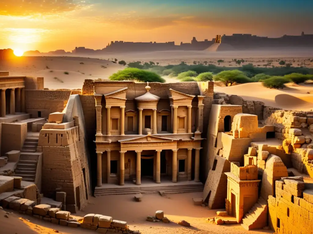 Ruinas antiguas en Oriente Medio: misterio y historia al atardecer Ruinas misteriosas en el Medio Oriente con antiguas esculturas en piedra bajo la luz dorada del atardecer