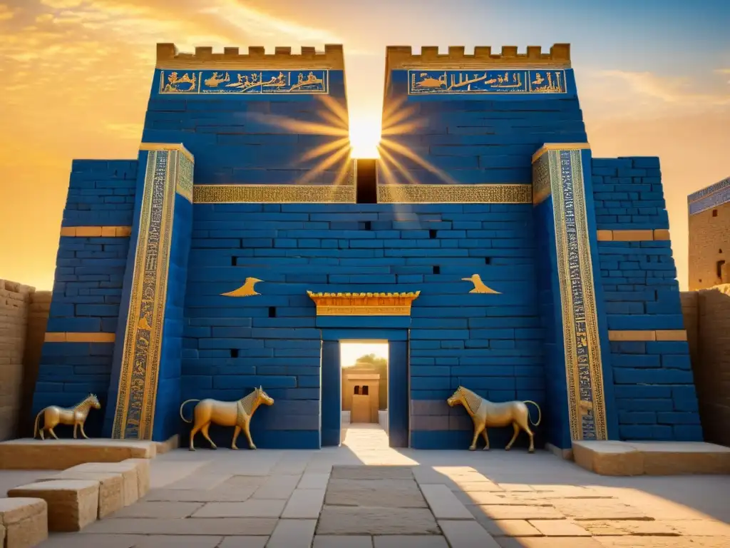 Ruinas de la Puerta de Ishtar: detalle sepia de dragones y toros Ruinas de la Puerta de Ishtar en Babilonia al atardecer, con sus ladrillos azules y dragones, reflejando el legado jurídico de Babilonia