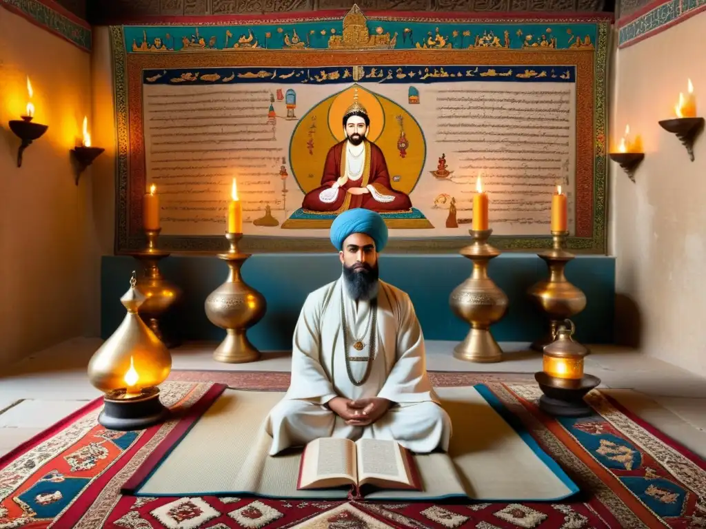 Ilustración sepia: Sacerdote Zoroastriano en templo ancestral Un sacerdote Zoroastriano en un templo antiguo del Oriente Antiguo, dirige mantras con devotos en meditación