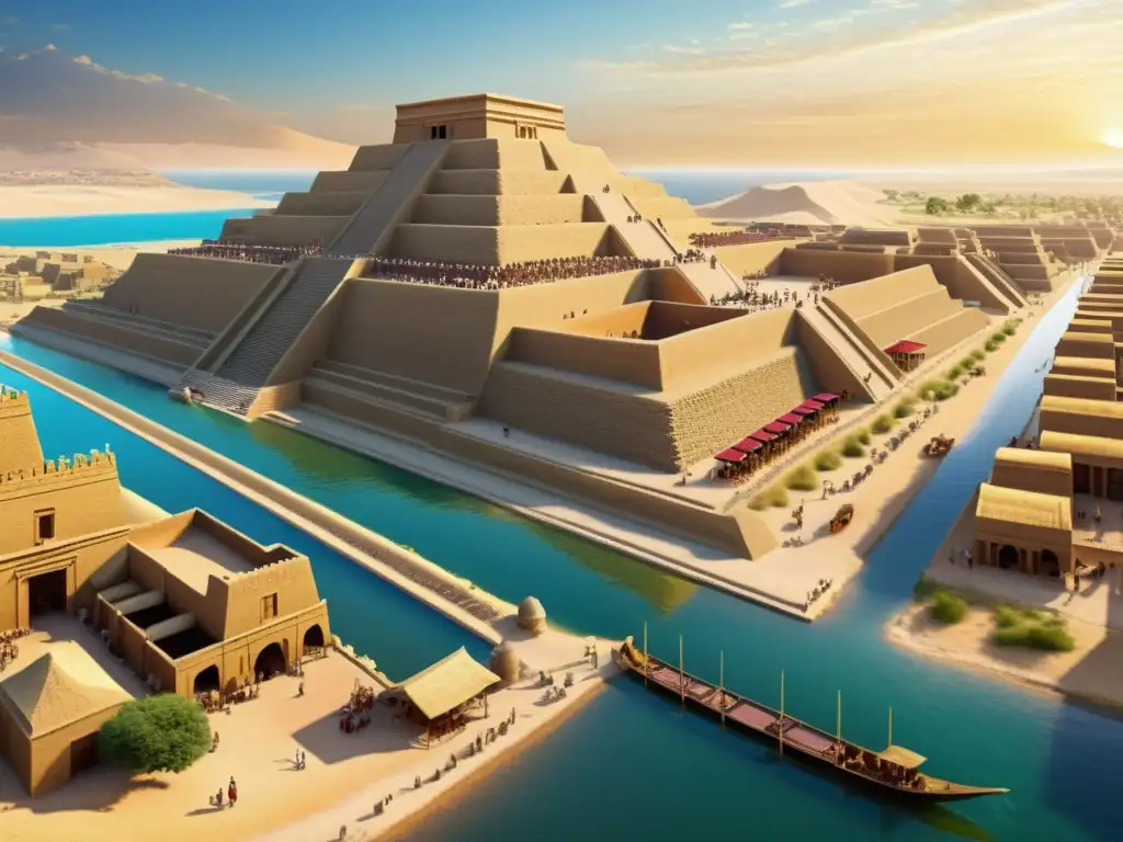Antigua ciudad de Sumeria: gloria sepia de ziggurats y vida cotidiana Software de reconstrucción histórica sumeria: Detalle sepia de la antigua ciudad sumeria con ziggurats y bulliciosos mercados