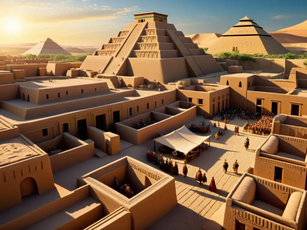 Reconstrucción digital detallada de ciudad sumeria antigua Software de reconstrucción histórica sumeria: detallada ciudad sumeria con edificios de ladrillo y ziggurat al sol dorado