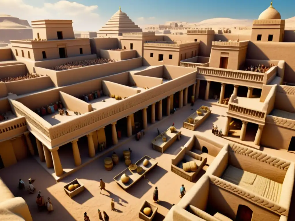 Vida cotidiana en Sumeria: Mercado Antiguo Software de reconstrucción histórica sumeria: Detallada imagen 3D sepia de un bullicioso mercado sumerio antiguo