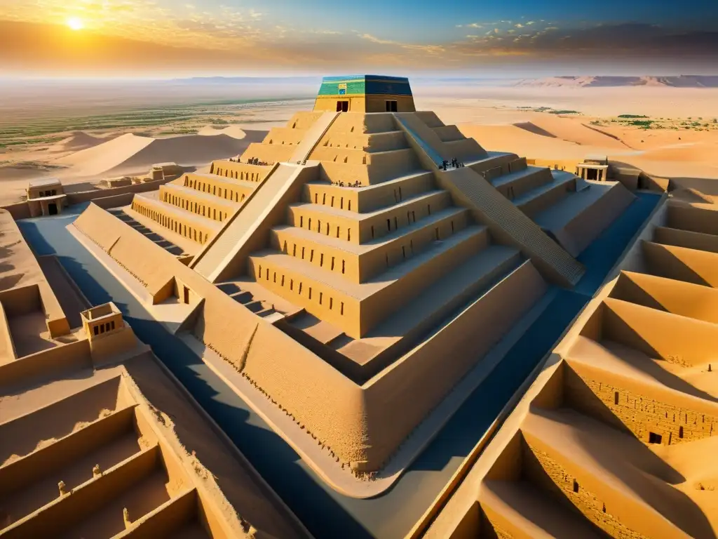 El sol poniente ilumina la majestuosa Ziggurat de Ur en el desierto, mostrando la rica historia de las ciudades estado sumerias