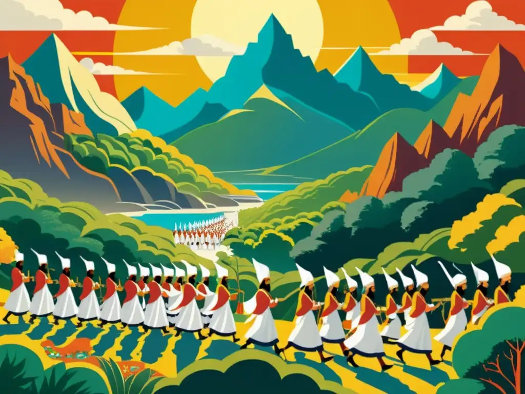 Solemne procesión de sacerdotes zoroástricos en un paisaje místico rodeados de criaturas míticas