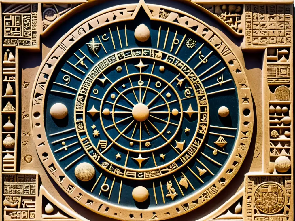 Tableta astronómica babilónica: símbolos celestes y cuneiformes Tabla astronómica babilónica detallada en arcilla, con símbolos celestiales meticulosamente tallados