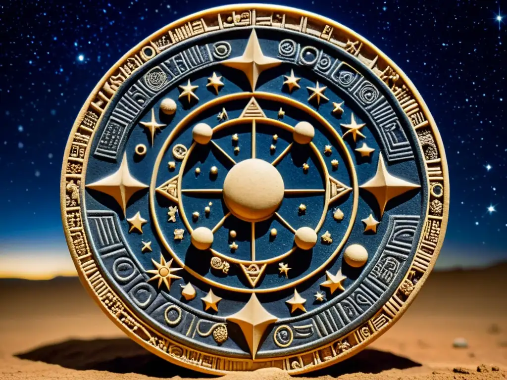 Tableta de arcilla babilónica con símbolos astronómicos y mapas celestes detallados, en un cielo estrellado