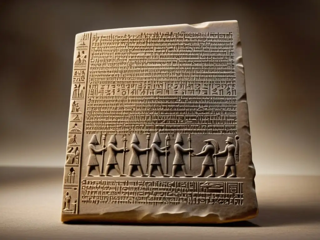 Tableta de arcilla con el Código de Hammurabi en cuneiforme, iluminación sepia evoca sabiduría antigua en circuito legal antigua Babilonia