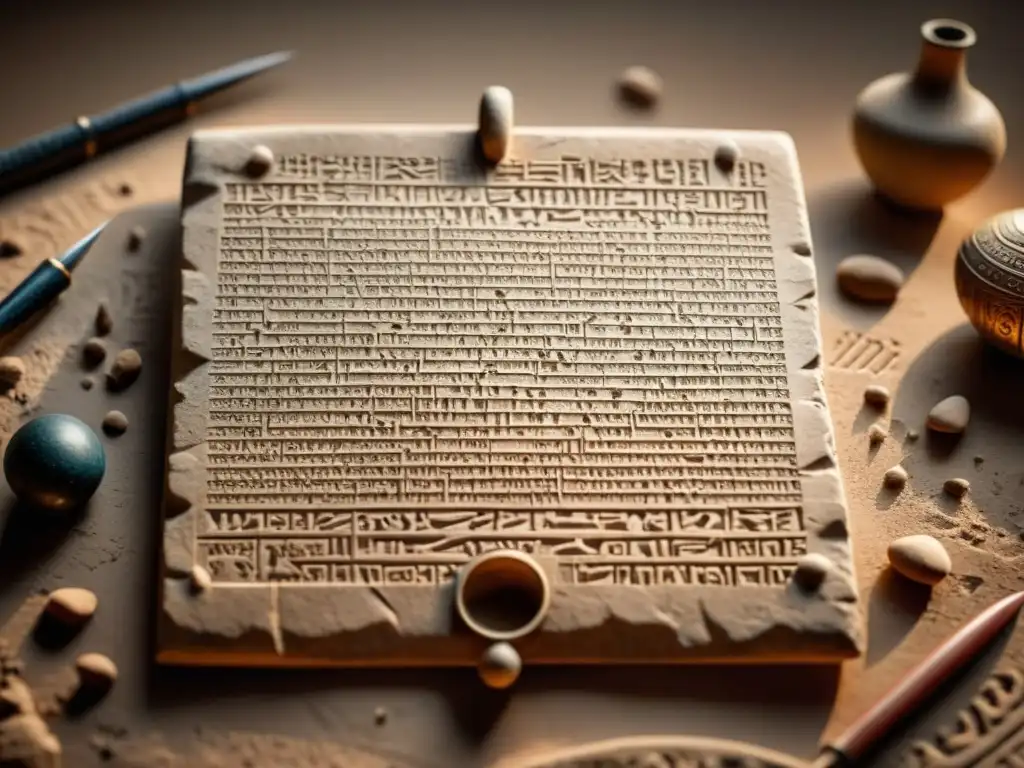 Tableta de arcilla cuneiforme: Misterios de la antigüedad Una tableta de arcilla cuneiforme iluminada por una luz suave, rodeada de herramientas arqueológicas y pergamino envejecido