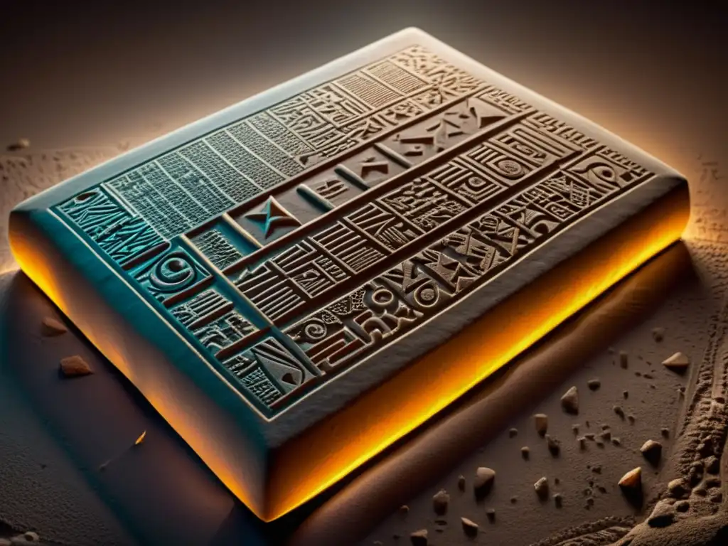Tableta de arcilla mesopotámica iluminada con patrones y símbolos cuneiformes, redescubriendo invenciones mesopotámicas olvidadas